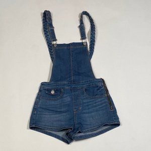 Denim short overalls with braided straps